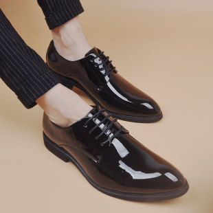 商务正装 英伦尖头简约青年结婚皮鞋 加绒皮鞋 办公室系带黑色亮皮鞋