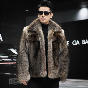 海宁真皮皮草男北美小浣熊整皮毛一体翻领进口整张美洲貉子毛外套
