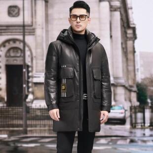 山羊皮真皮皮衣男士鹅绒服中长款休闲连帽羽绒服冬季加厚保暖外套
