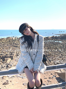 CHICHEN-90白鸭绒手工小香风粗花呢编织外套