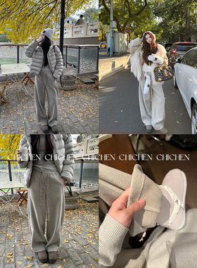 CHICHEN晨妍 超绝松弛感 羊毛阔腿休闲裤女2025新款冬季灰色裤子