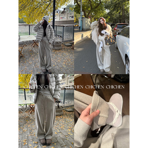 CHICHEN晨妍 超绝松弛感 羊毛阔腿休闲裤女2025新款冬季灰色裤子