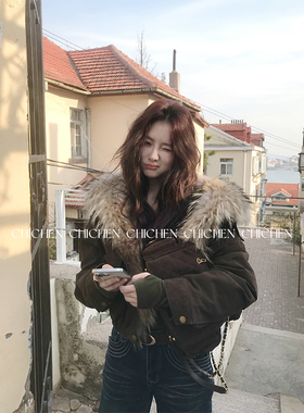 CHICHEN--90白鹅绒可脱卸貉子毛翻领派克外套