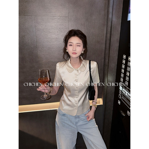CHICHEN-珠光白72醋酸娃娃领收腰上衣