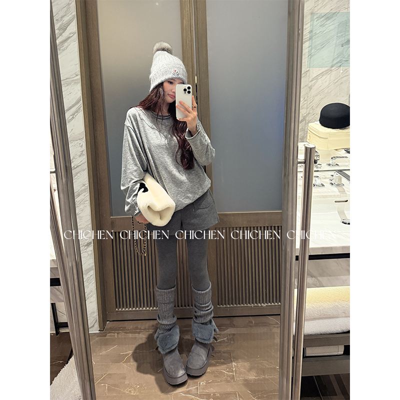 CHICHEN晨妍 极简懒人 圆领宽松打底衫女长袖T恤百搭灰色慵懒上衣