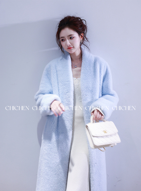 CHICHEN-极地之雪-仿水貂毛蓝色长款皮毛一体外套
