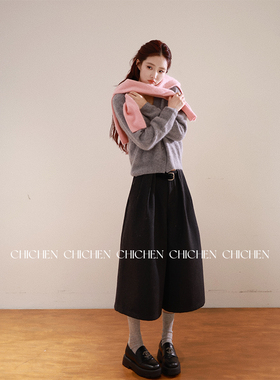 CHICHEN晨妍 秋冬版格调王者 百搭王贝壳褶休闲羊毛中裤灰色裤子