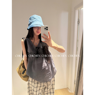 CHICHEN晨妍 BABY DOLL 显瘦小上衣娃娃衫吊带无袖衬衫女收腰上衣