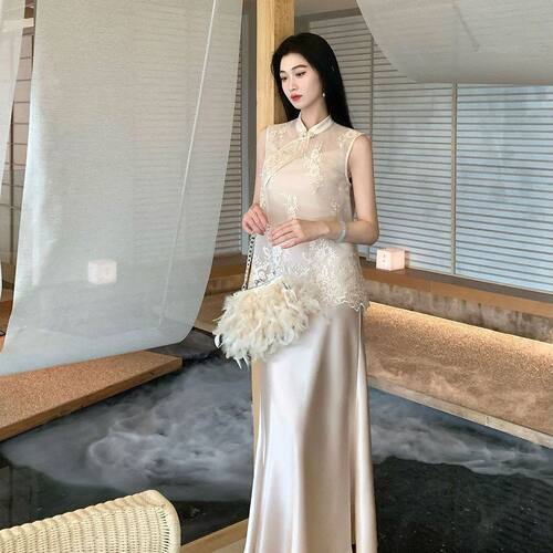 MOOUNCUNS/莫纯2026新中式套装裙女夏网纱刺绣马甲缎面吊带连衣裙