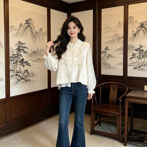 法式温柔气质上衣套装女春秋新中式国风重工刺绣马夹内搭衬衫2617