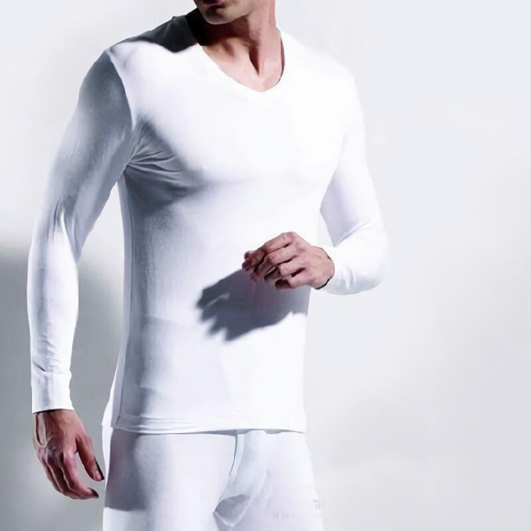 定制男士修身白色加绒加厚V领保暖内衣套装低领秋衣秋裤套装长袖