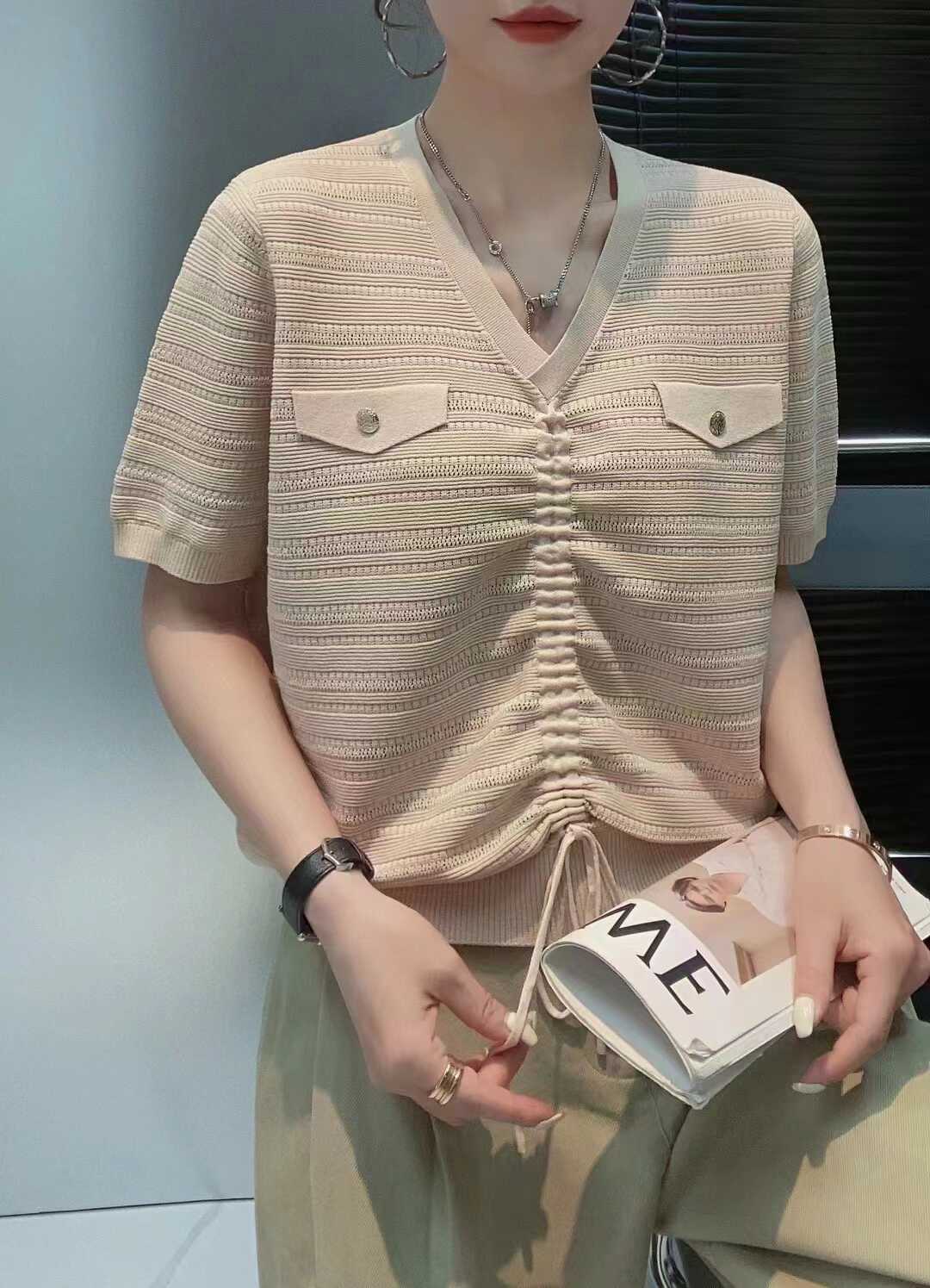 天丝针织衫女夏季短袖薄款冰丝小香风上衣v领时尚抽绳条纹小衫