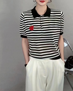 夏季新款横条纹草莓刺绣薄款细支亚麻高品质女针织衫 短袖t恤时尚