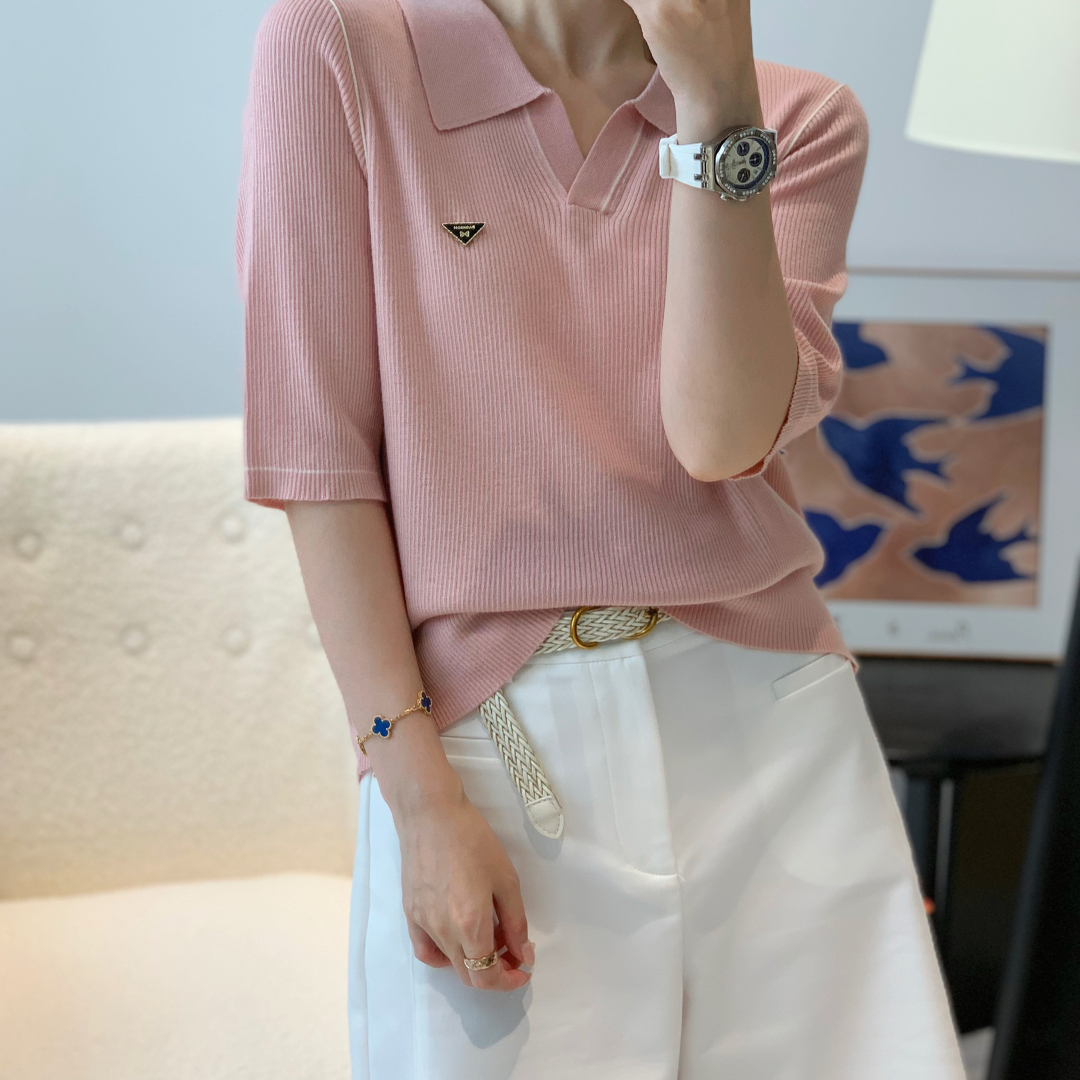 2025年秋季POLO领针织衫时尚翻领百搭气质显瘦套头简约休闲女上衣