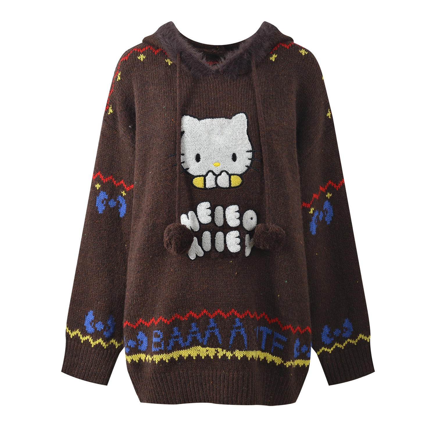 2025秋冬新款时尚气质卡通刺绣撞色条纹宽松套头连帽针织衫上衣女