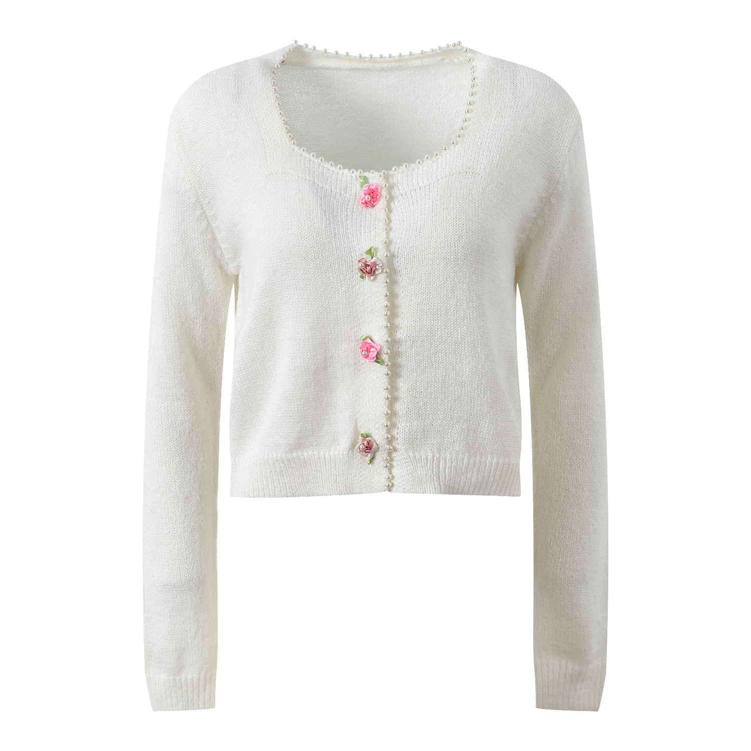 2025冬季新款时尚法式方领珍珠边花朵扣修身显瘦针织开衫上衣女