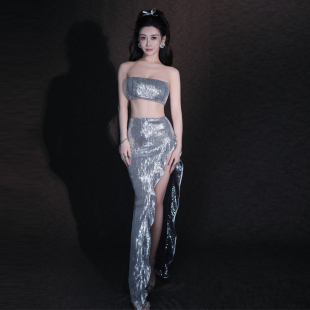 轻奢性感抹胸银色亮片开叉半身裙走秀晚礼服名媛穿搭两件套演出服