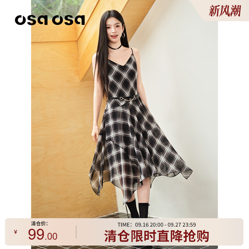 OSA复古格纹轻薄雪纺吊带连衣裙图片