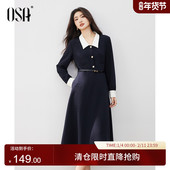 收腰显瘦老钱风中长款 OSA欧莎气质拼接领连衣裙女2025秋季 新款 裙