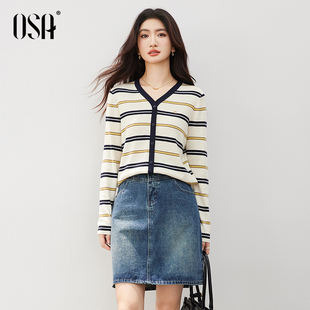 通勤百搭薄长袖 OSA欧莎经典 新款 女2026春季 上衣 条纹V领套头针织衫