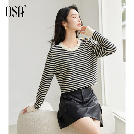 OSA欧莎撞色条纹金属扣毛衣女2024年新款早秋慵懒松弛针织衫上衣