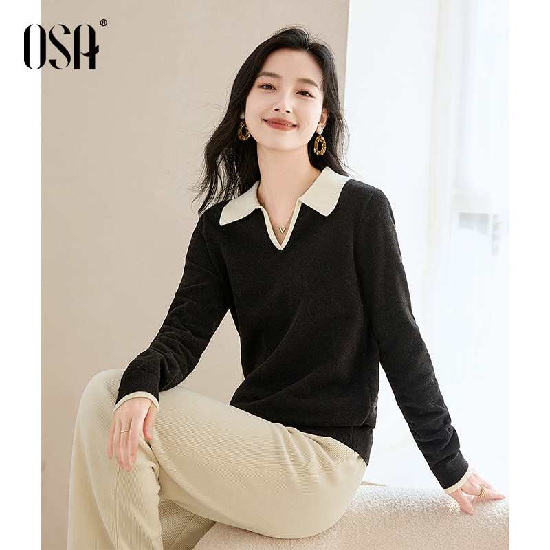 OSA欧莎黑色Polo领针织衫