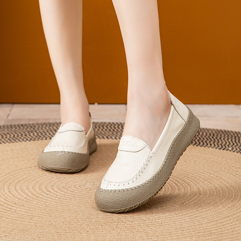 休闲风真皮妈妈鞋女软底舒适一脚蹬中老年皮鞋圆头平底单鞋乐福鞋,女鞋,乐福鞋（豆豆鞋）,淘宝优惠券,粉丝福利购,淘宝优惠卷