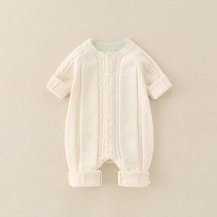 婴儿衣服纯色简约长袖连体毛衣秋冬棉线男女宝宝可爱满月公主爬服