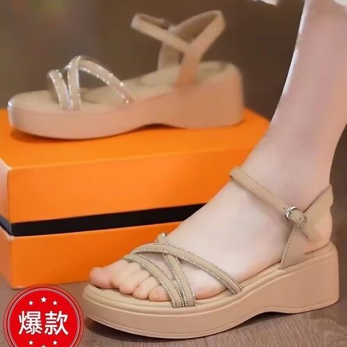 真皮水钻厚底罗马凉鞋女夏季新款