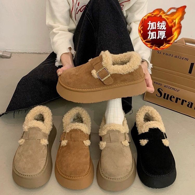 真皮厚底勃肯鞋女冬加绒保暖棉鞋