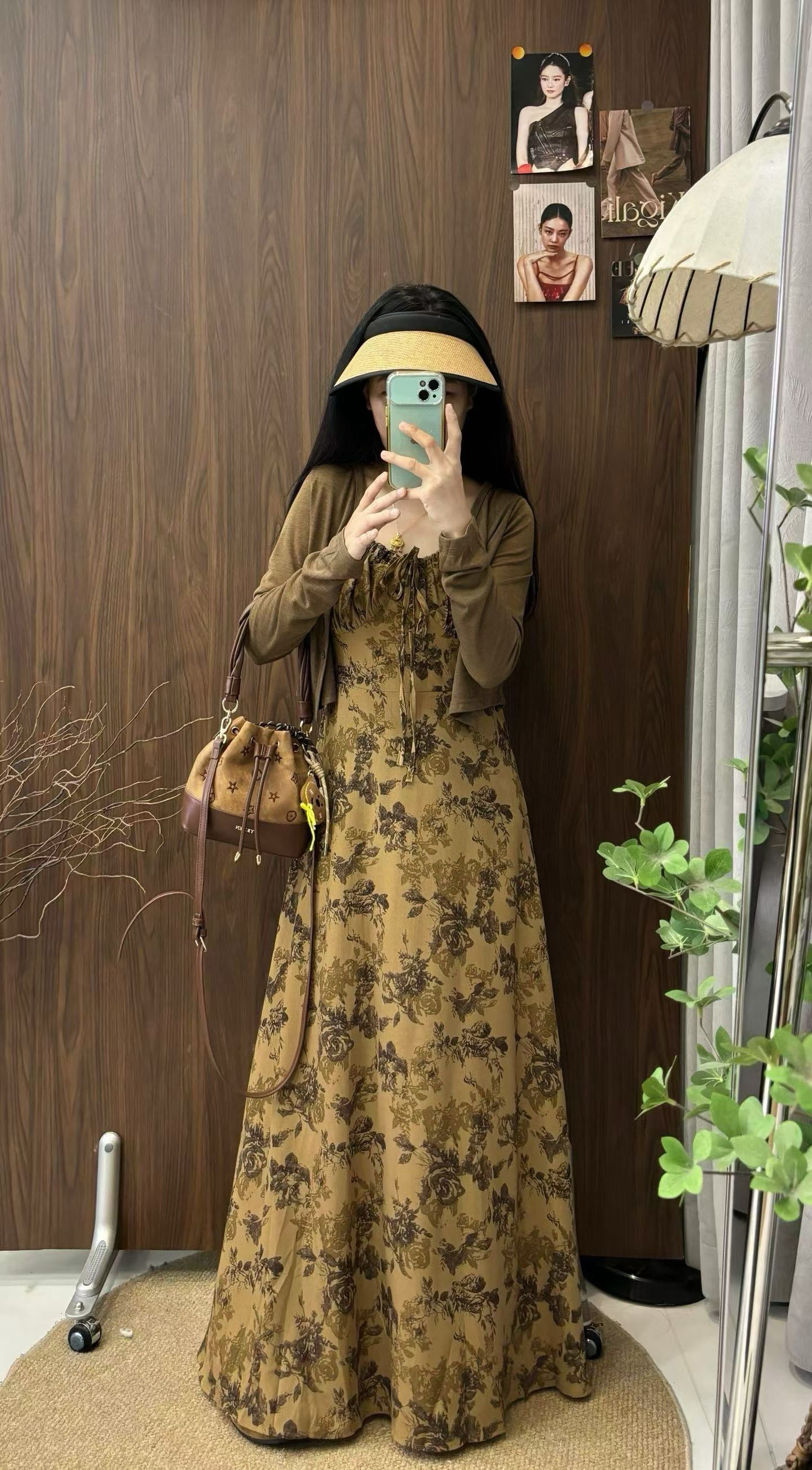 法式复古水墨印花吊带连衣裙气质淑女超显瘦度假长裙开衫两件套