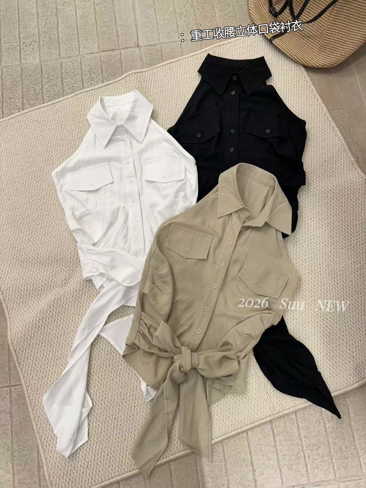 韩系夏季新款纯色简约百搭翻领无袖衬衫女修身显瘦收腰背心设计感