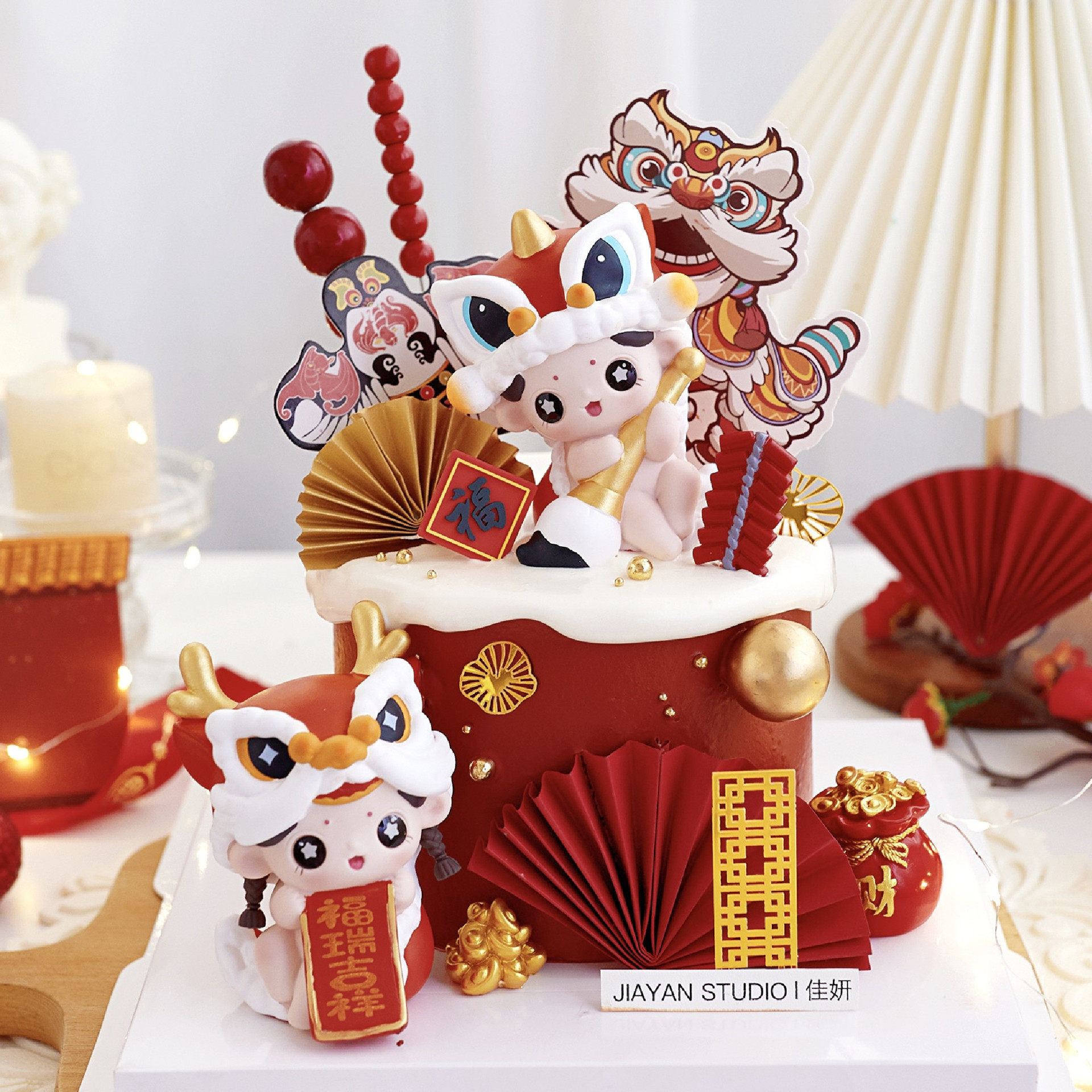 喜庆新年舞龙舞狮娃娃金瑞福娃蛋糕摆件烘培装饰汽车摆件毛笔男孩