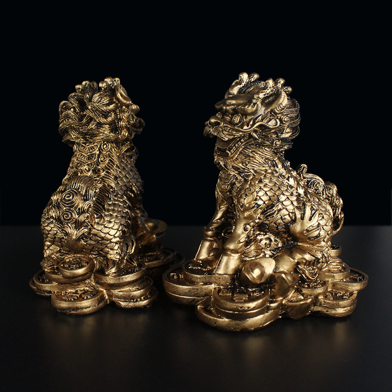 金色古铜麒麟摆件一对中式祈福家居装饰摆设地摊货源