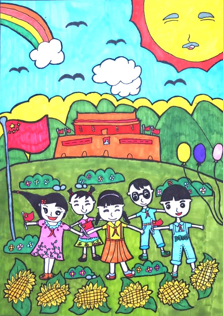 阳光下成长儿童画手抄报模板小报黑白线稿校园梦想童心主题绘画