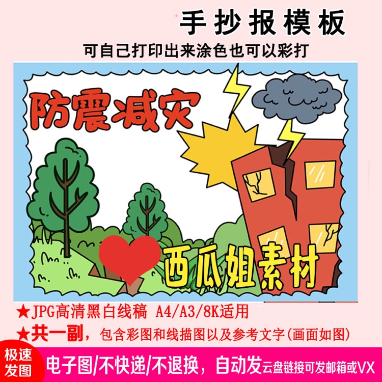 防震减灾保护生命儿童画主题绘画模板线稿手抄报素材简笔画图片