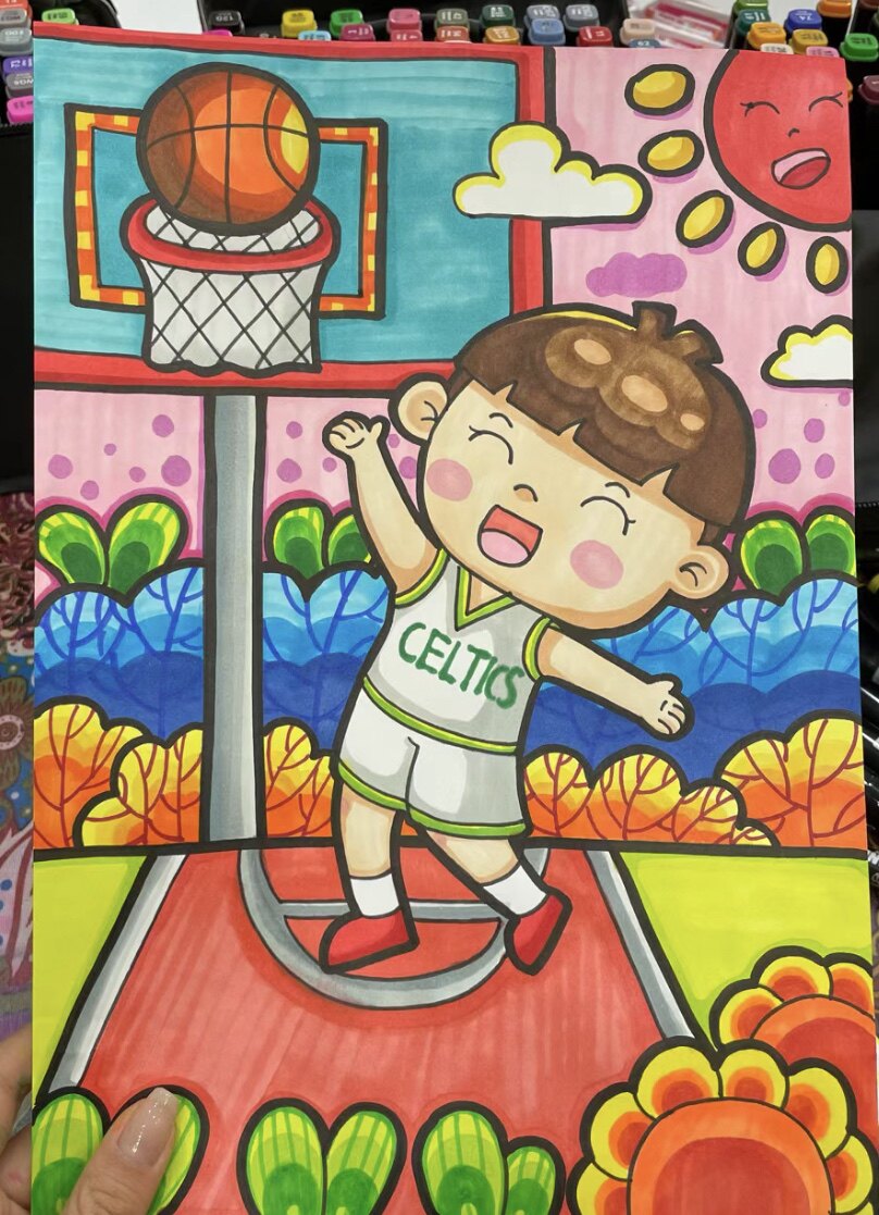 篮球运动主题绘画儿童画主题画简笔画电子版模板小学生横版图片