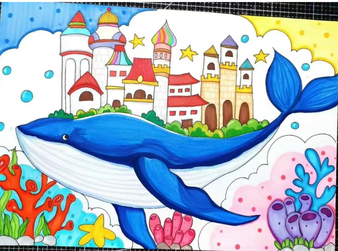 奇思妙想保护海洋环保科幻鲸鱼房子儿童画线稿电子版模板主题绘画