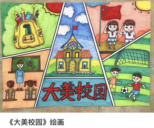 我们美丽的校园大美主题绘画儿童画主题画简笔画电子版模板小学生