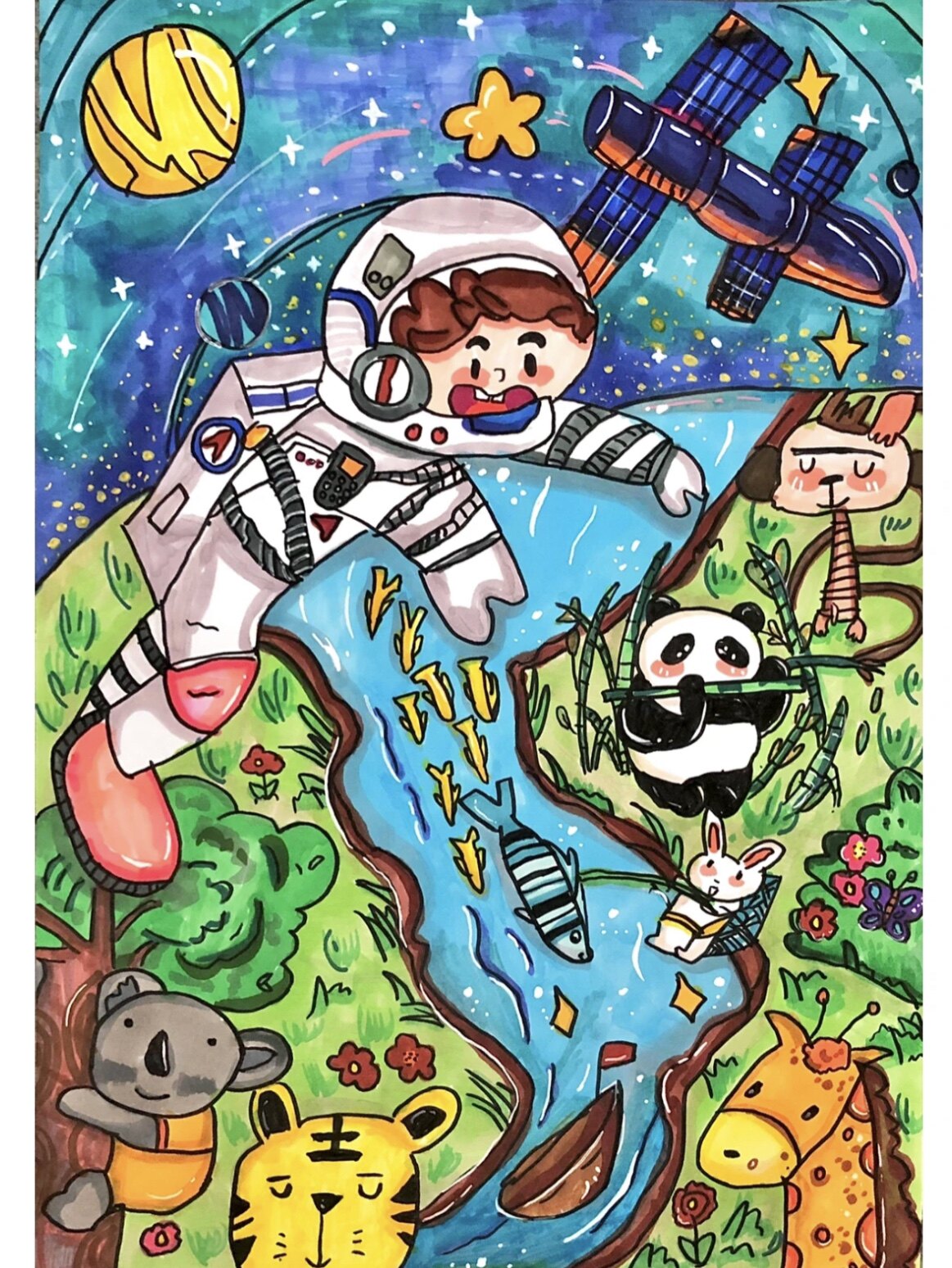 同一个地球绿色家园主题绘画儿童画简笔画电子版模板小学生剪贴竖