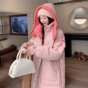 粉色羽绒服女装中长款冬季2025新款加厚PU皮免洗白鸭绒宽松外套潮