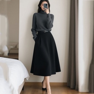 冬季 女秋冬显瘦套裙 高领毛衣针织打底上衣口袋毛呢半身裙两件套装