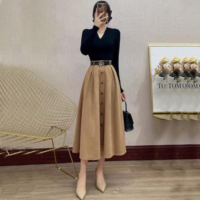 黑色长袖针织V领上衣高腰半身裙