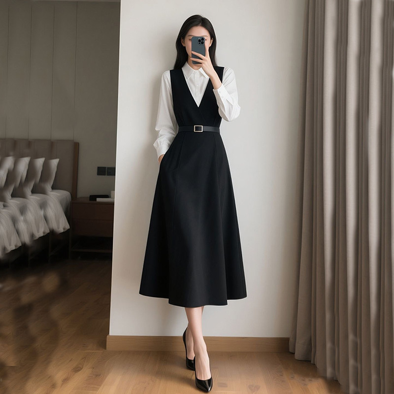 新款春秋装V领背带连衣裙黑色背心裙白色长袖衬衫两件套装裙子女