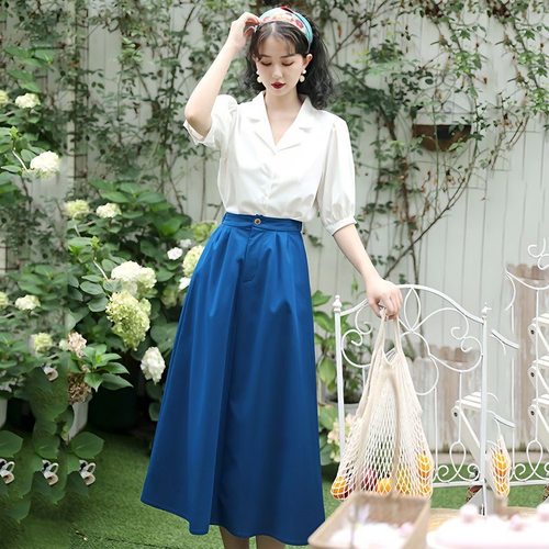 复古新款短袖泡泡袖衬衫套装