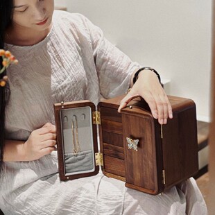 珐琅彩首饰盒轻奢新中式收纳盒黄金珠宝黑胡桃木首饰盒新婚礼物