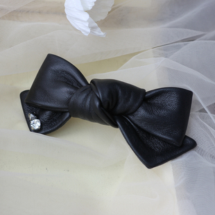 秋冬手工仿亚历山大真皮蝴蝶结发夹水钻羊皮弹簧夹气质百搭头饰