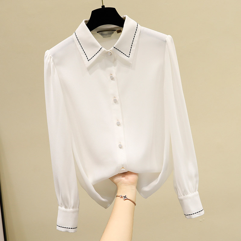 2021年秋季新款韩版长袖雪纺衬衫女士设计感衬衣春秋港味白色上衣