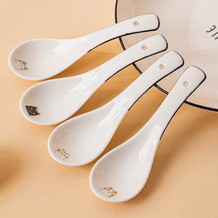 可爱陶瓷勺子家用小汤勺面碗勺餐厅吃饭喝汤耐用调羹卡通猫咪勺