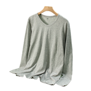 AB内衣100%纯棉秋衣男士超薄单件上衣全棉V领白色打底长袖棉毛衫